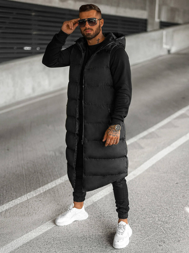 Kamizelka męska długa pikowana z kapturem czarna OZONEE O/M3203Z