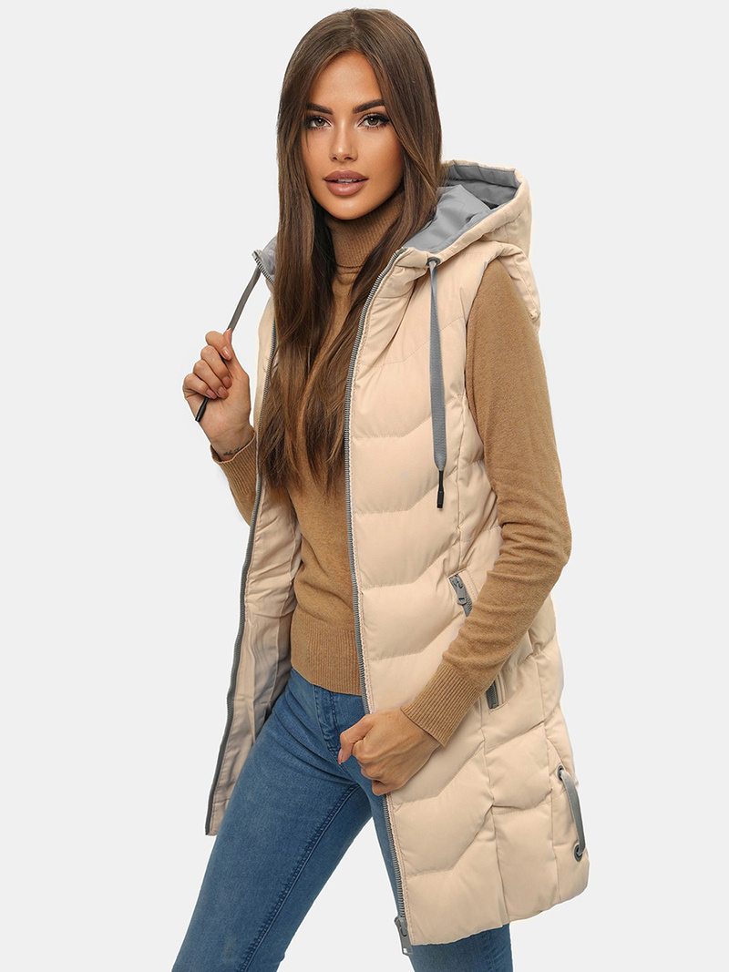Kamizelka damska długa pikowana z kapturem beżowa OZONEE N/7042