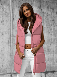 Kamizelka damska długa pikowana z kapturem pudrowa OZONEE O/81266Z