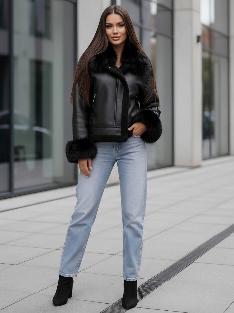 Жіноча шкіряна куртка чорна OZONEE JS/61M8505/392Z