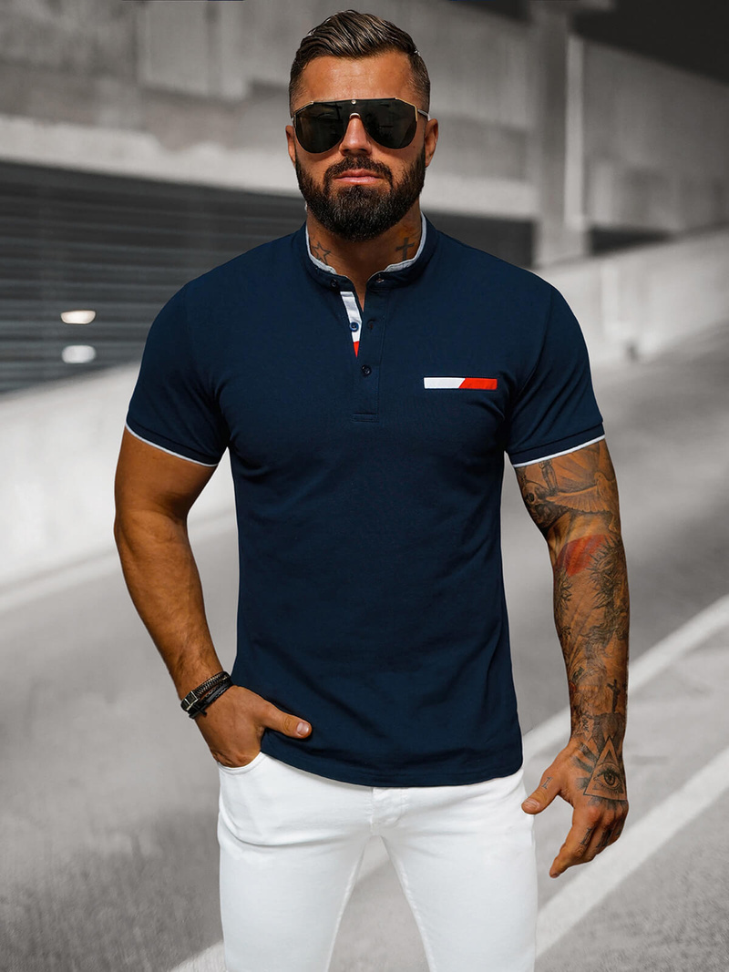 Koszulka męska polo ze stójka granatowa OZONEE O/DA711