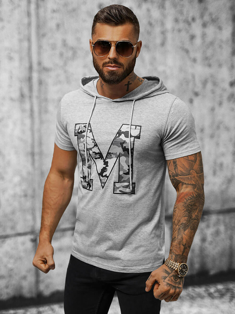 T-shirt męski z kapturem szary OZONEE JS/8T965