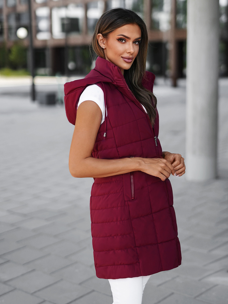Kamizelka damska długa pikowana z kapturem bordowa OZONEE JS/16M9096/06