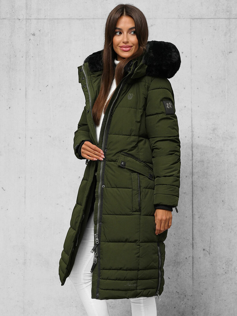 Kurtka zimowa damska długa pikowana khaki OZONEE O/W377