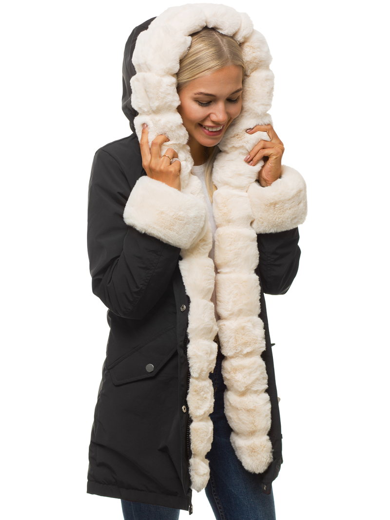 Kurtka zimowa damska parka z futerkiem czarna OZONEE N/6320