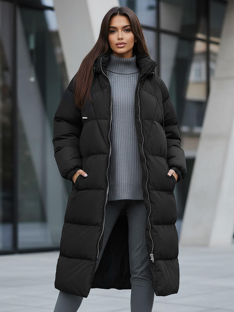 Kurtka zimowa damska długa pikowana czarna OZONEE JS/5M3163/392Z