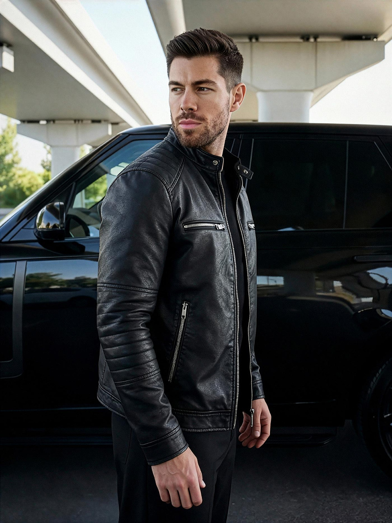 Чоловіча шкіряна куртка Чорна OZONEE JS/11Z8066