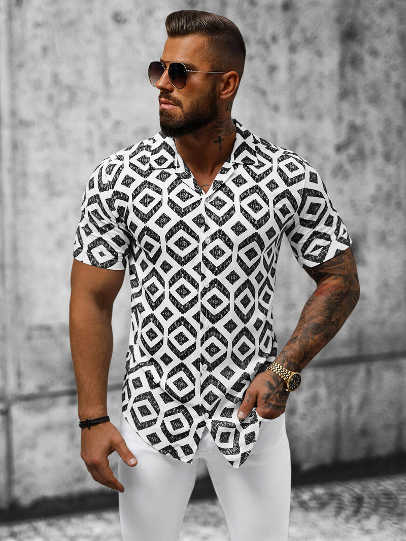 Koszula męska z krótkim rękawem biało-czarna OZONEE E/1400/26Z