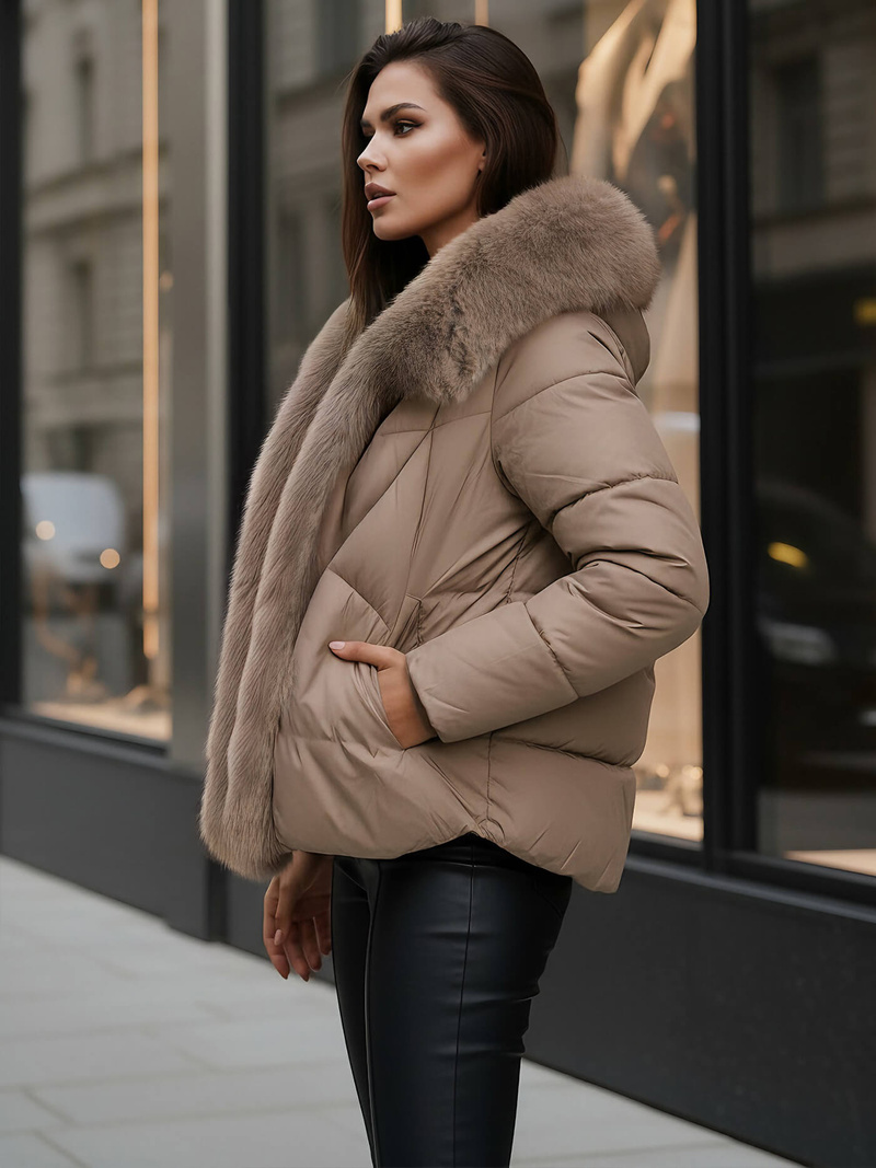 Kurtka zimowa damska z futerkiem ciemno-beżowa OZONEE O/16M9179/84