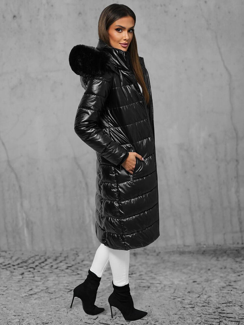 Kurtka zimowa damska długa z futerkiem czarna OZONEE JS/16M9127/392