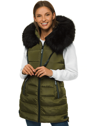 Kamizelka damska długa pikowana z futerkiem khaki OZONEE O/M205/29