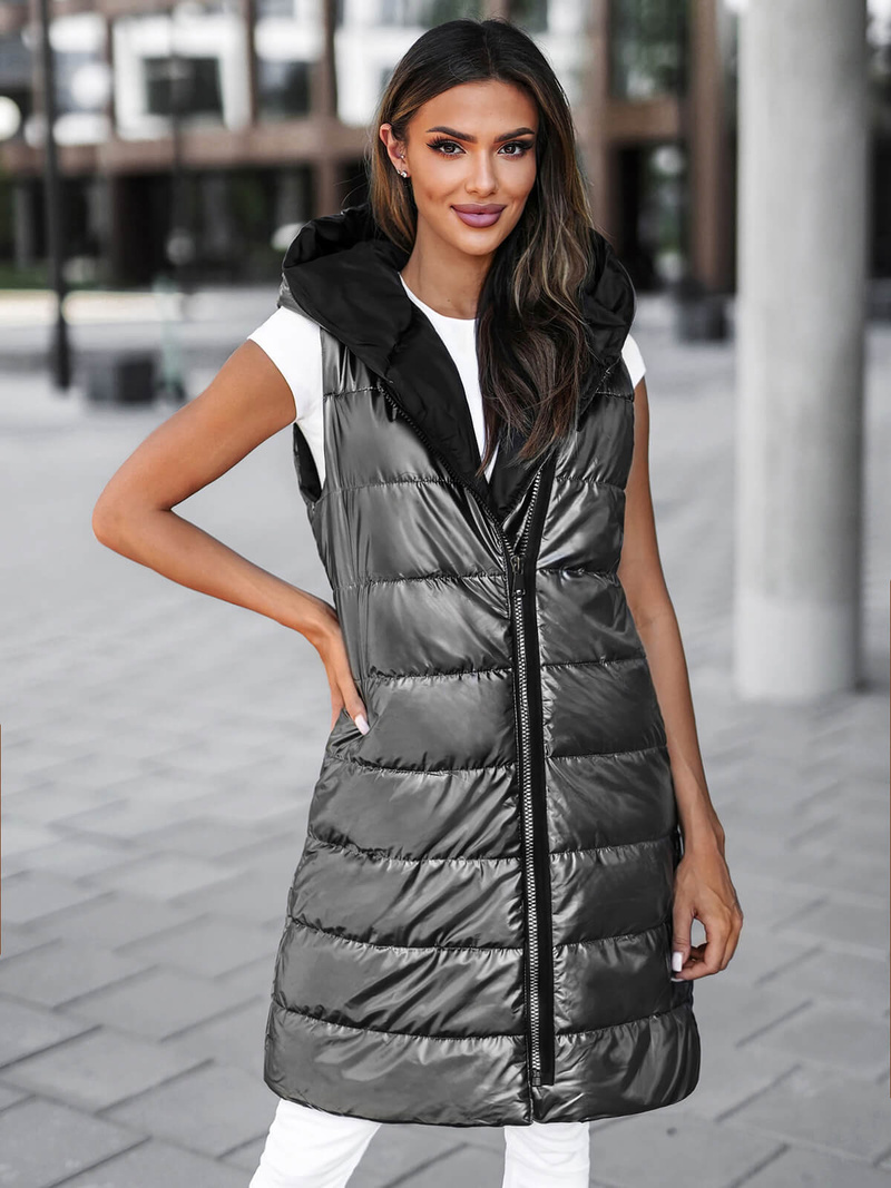 Kamizelka damska długa pikowana z kapturem grafitowa OZONEE JS/16M9117/105