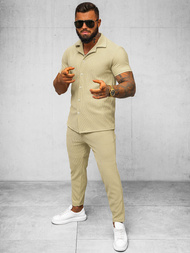 Koszula męska z krótkim rękawem beżowa OZONEE O/Y963T