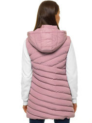 Kamizelka damska długa pikowana z kapturem pudrowa OZONEE N/6805/5