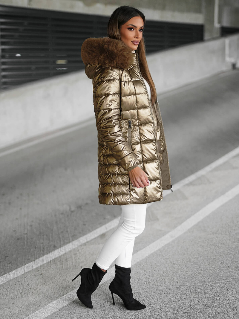 Kurtka zimowa damska długa z futerkiem złota OZONEE JS/16M9120/403Z