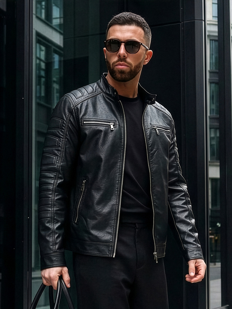 Чоловіча шкіряна куртка Чорна OZONEE JS/11Z8138