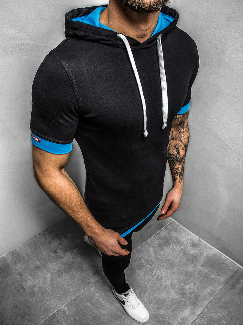 T-Shirt z kapturem męski czarno-niebieski OZONEE O/1273Z