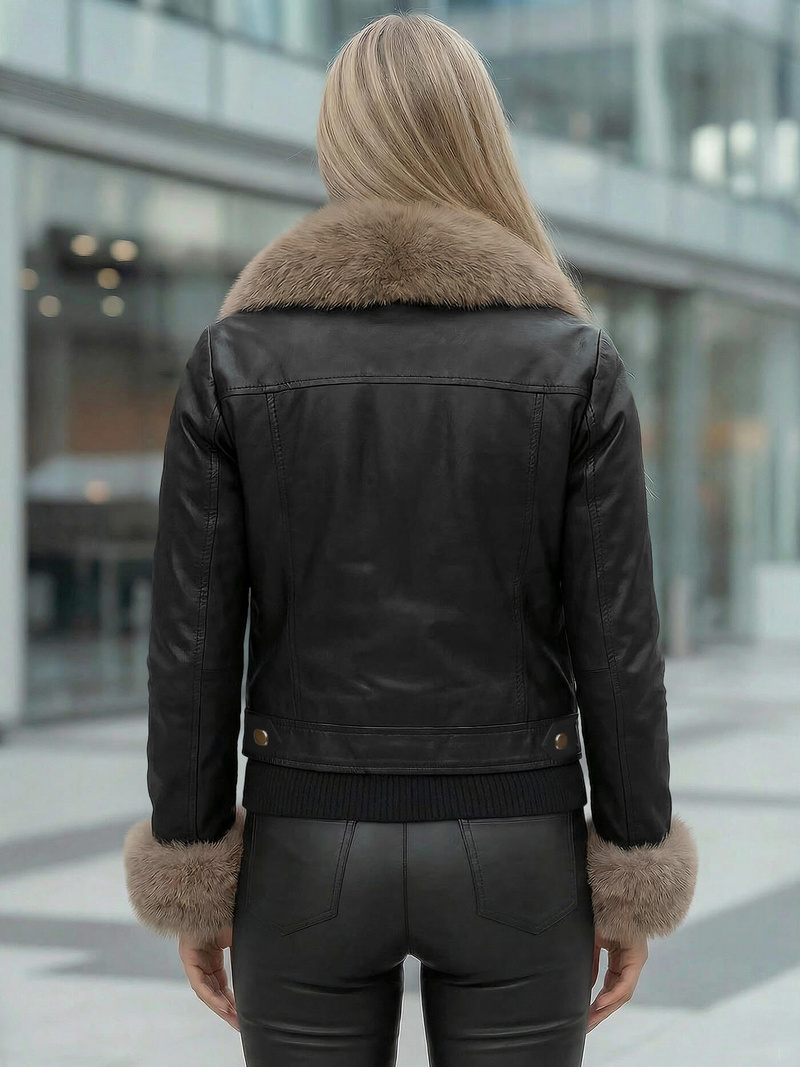 Kurtka skórzana damska z futerkiem czarno-beżowa OZONEE JS/61M8513/392B