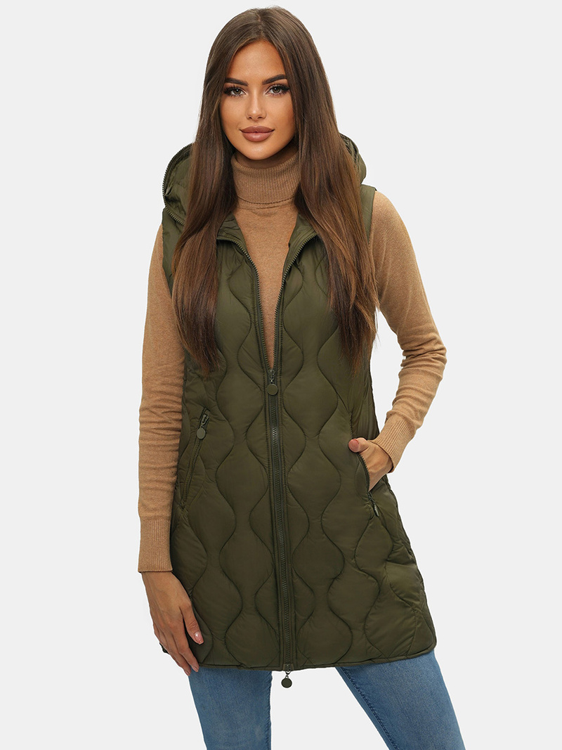 Kamizelka damska długa pikowana z kapturem khaki OZONEE O/H928/13