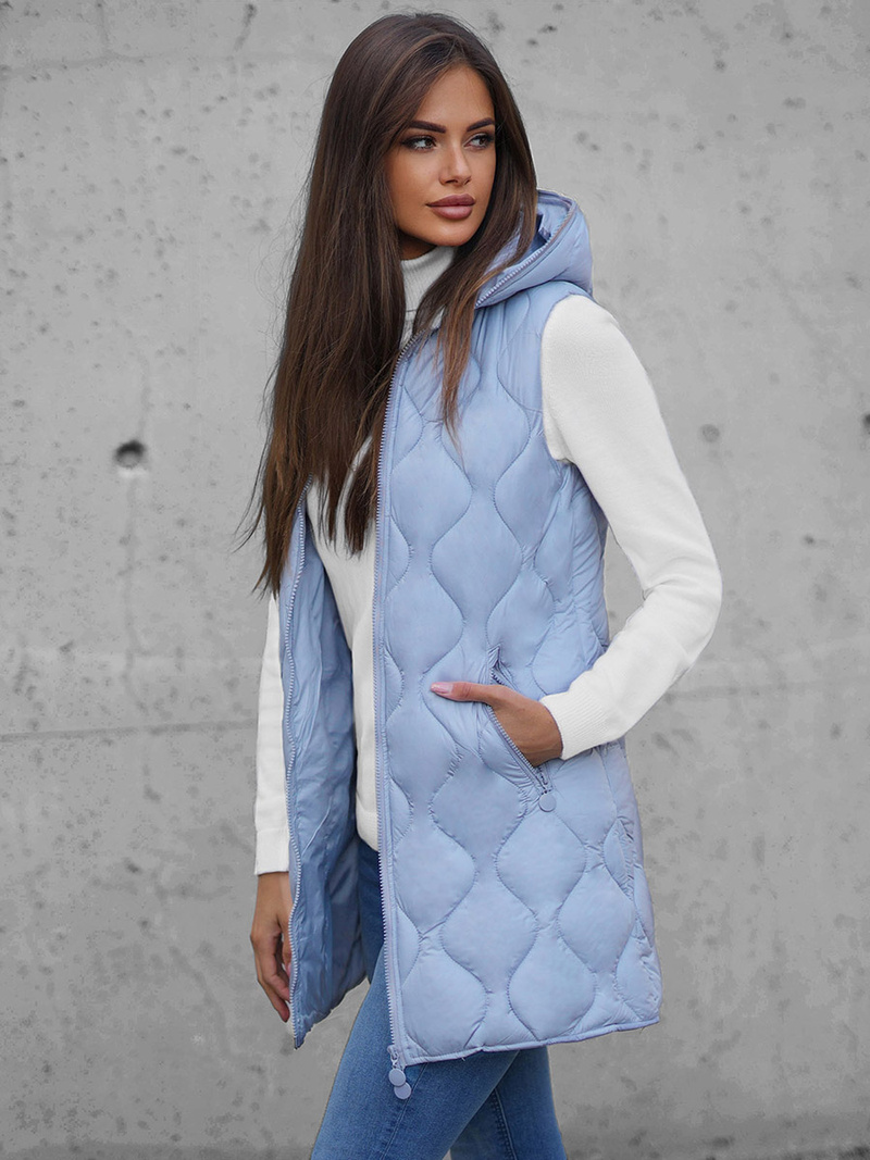 Kamizelka damska długa pikowana z kapturem jasno-niebieska OZONEE O/H928/101Z