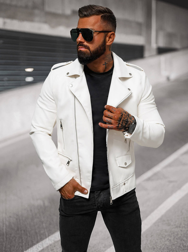 Kurtka skórzana męska ramoneska biała OZONEE O/88121