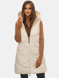 Kamizelka damska dwustronna długa pikowana z kapturem ecru OZONEE O/DK118/10