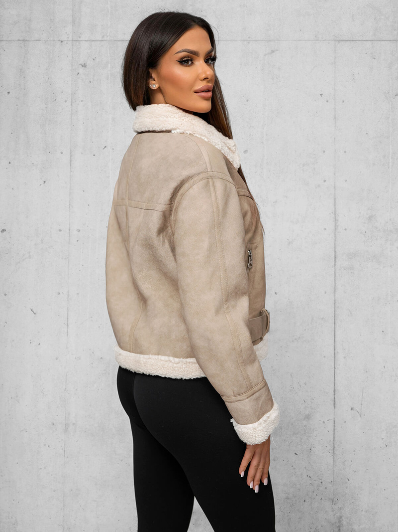 Kurtka skórzana damska z kożuchem beżowa OZONEE O/81331Z