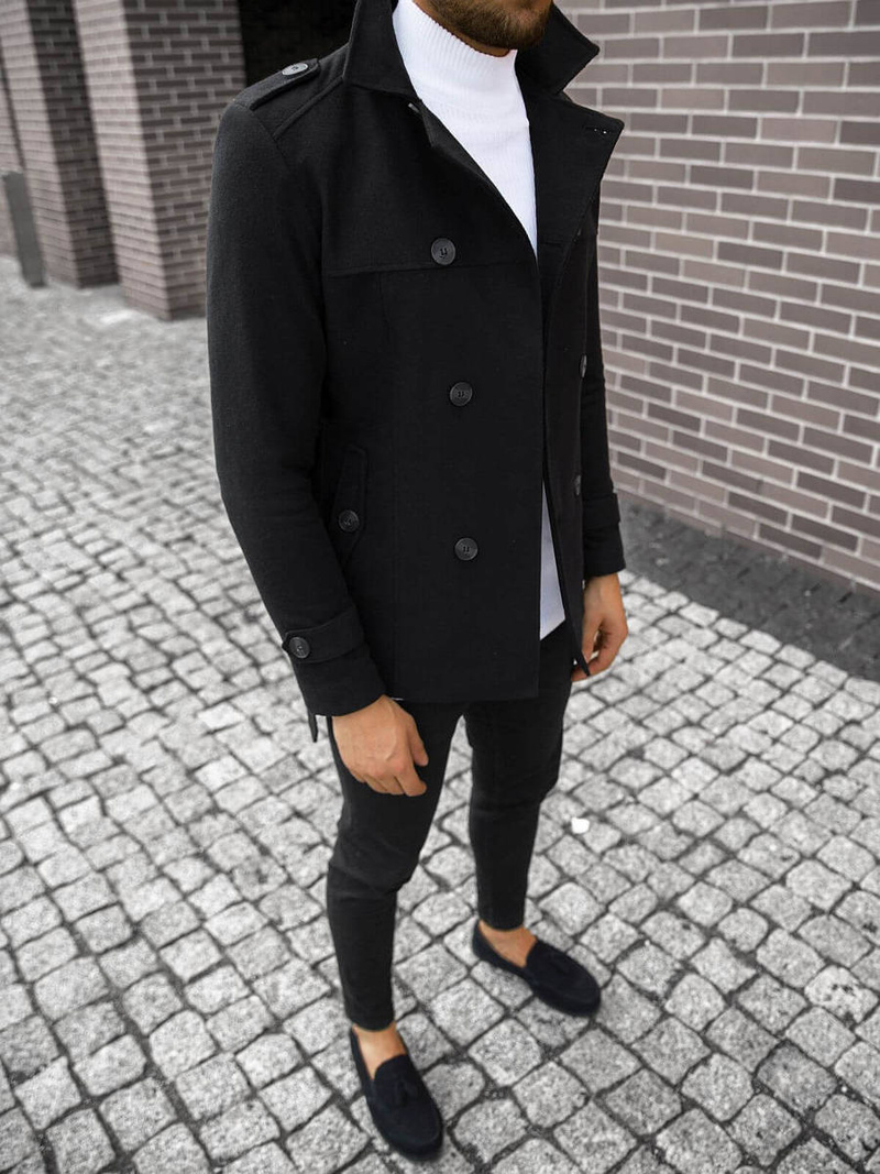 Płaszcz męski z pagonami czarny OZONEE O/5627