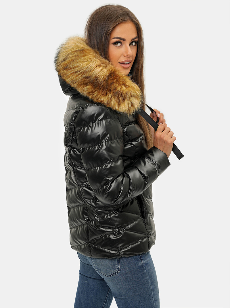 Kurtka zimowa damska z futerkiem czarno-brązowa OZONEE JS/M773/392B