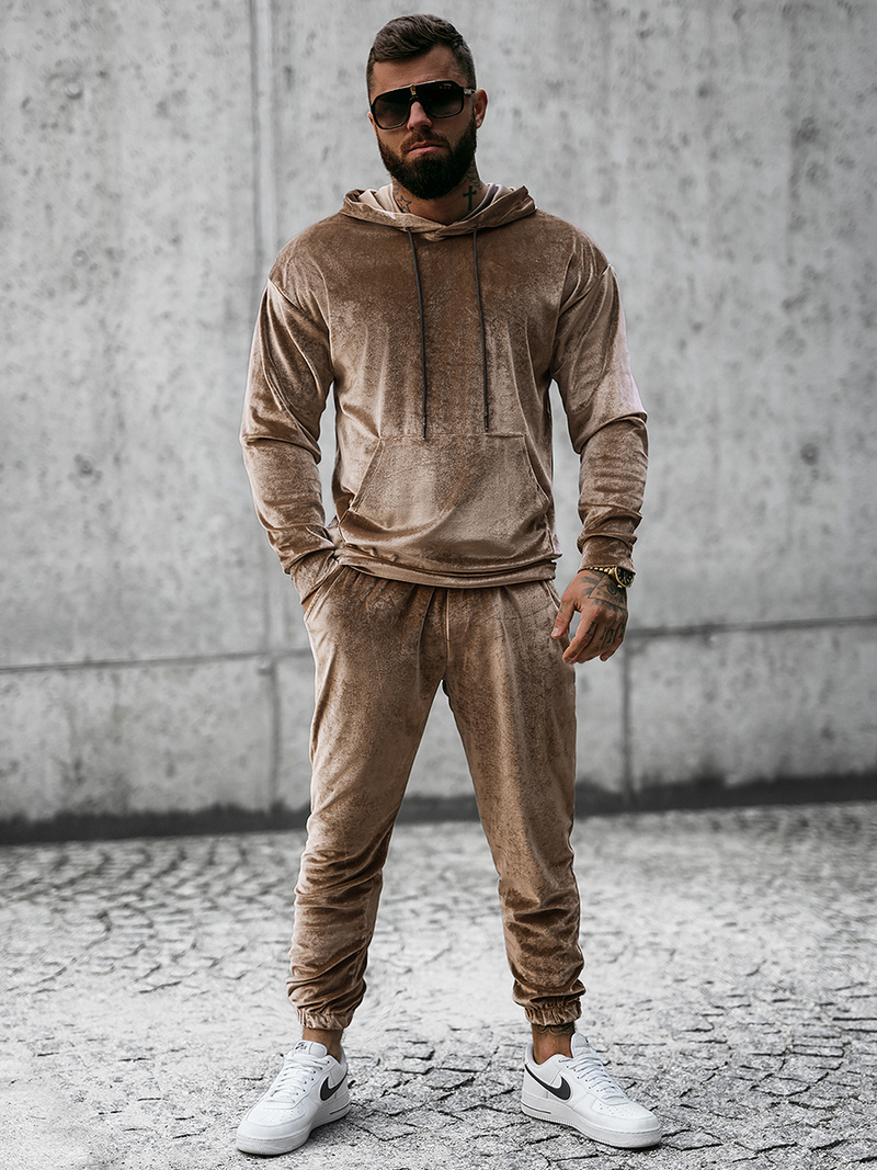 Komplet dresowy męski welurowy ciemno-beżowy OZONEE O/D7517