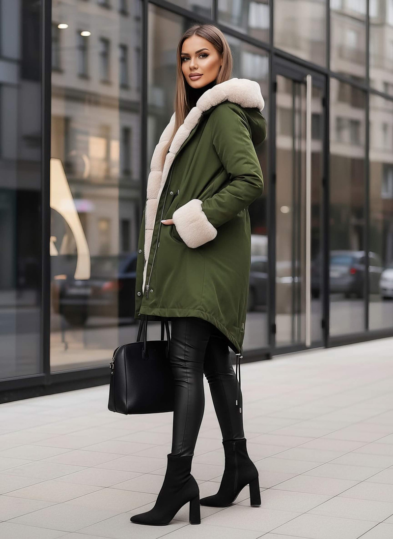 Kurtka zimowa damska z futerkiem zielona OZONEE JS/M763/136Z