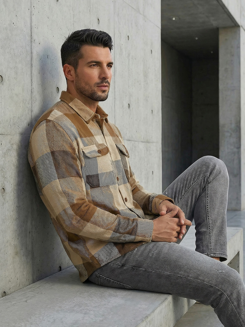 Koszula flanelowa męska w kratę camelowa OZONEE NB/MC728KZ