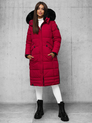 Kurtka zimowa damska długa pikowana ciemno-czerwona OZONEE O/W377