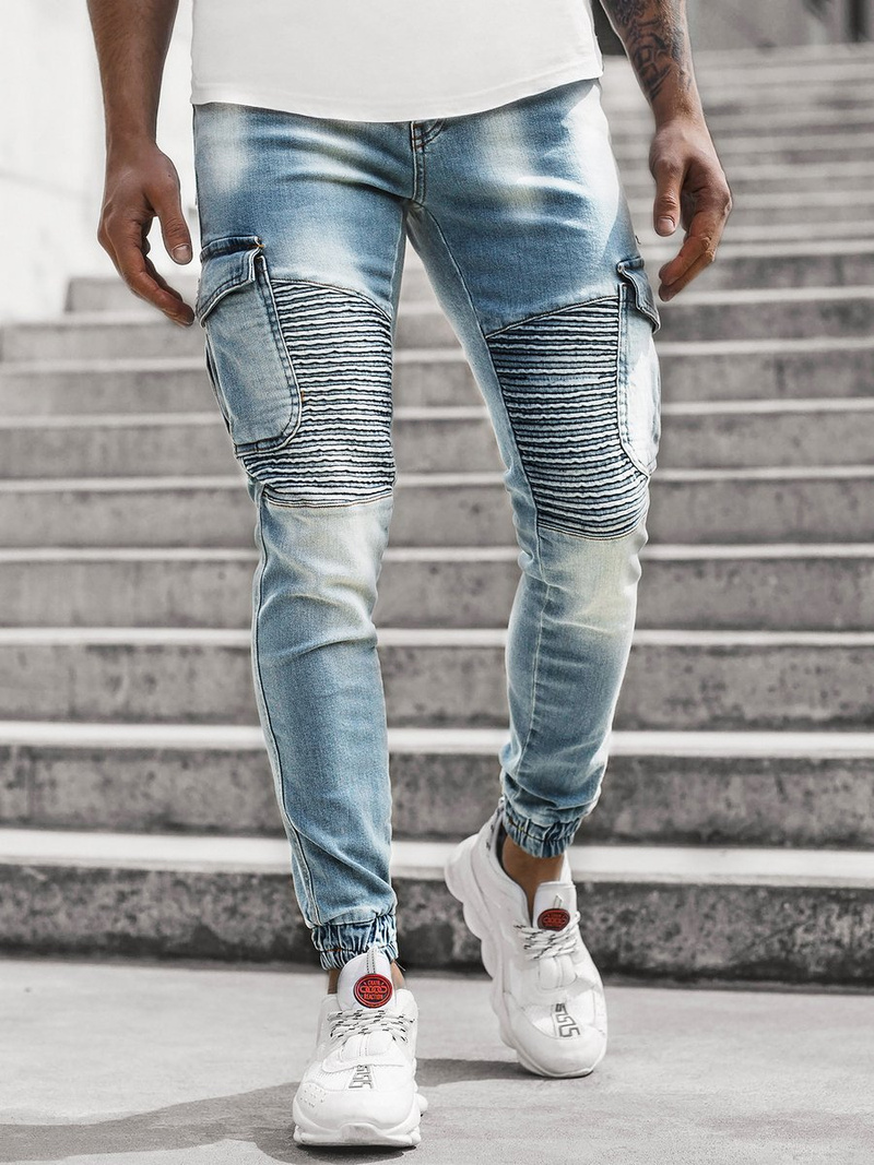 Spodnie jeansowe joggery męskie jasno-niebieskie OZONEE G/1064