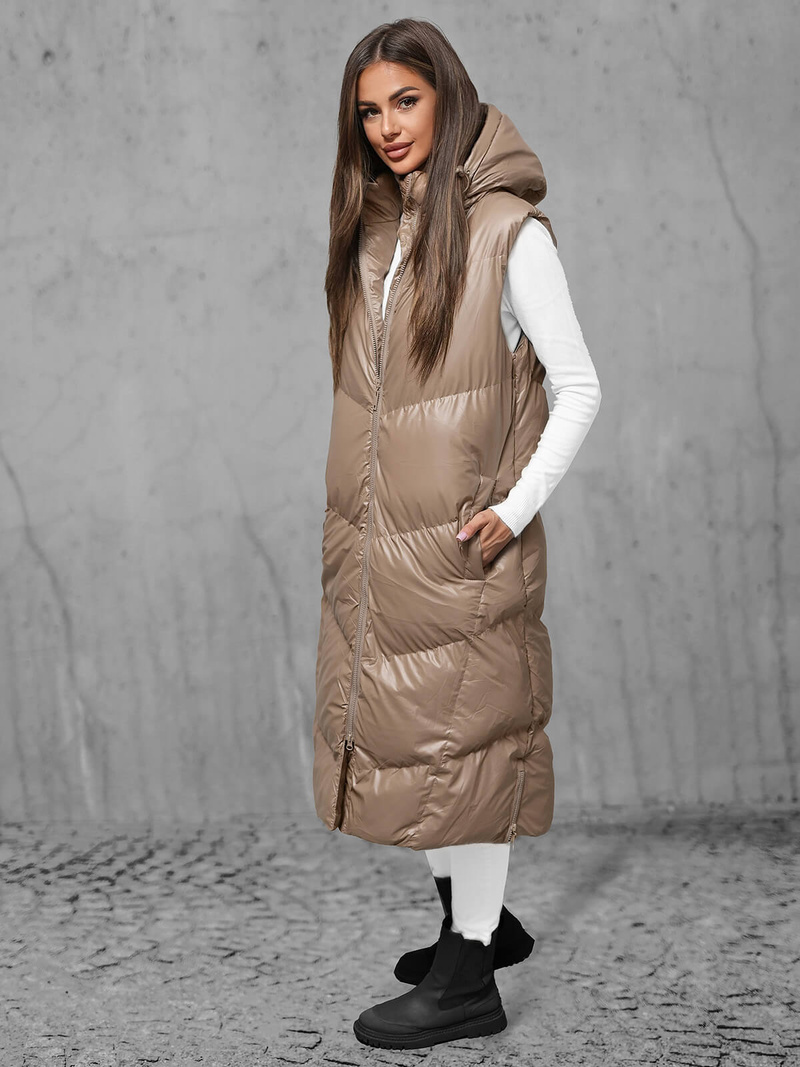 Kamizelka damska długa skórzana camelowa OZONEE JS/5M3183/84