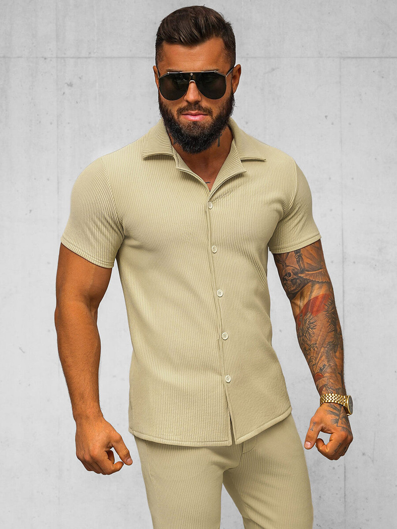 Koszula męska z krótkim rękawem beżowa OZONEE O/Y963T