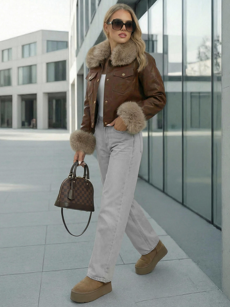 Kurtka skórzana damska z futerkiem czekoladowa OZONEE JS/61M8513/158