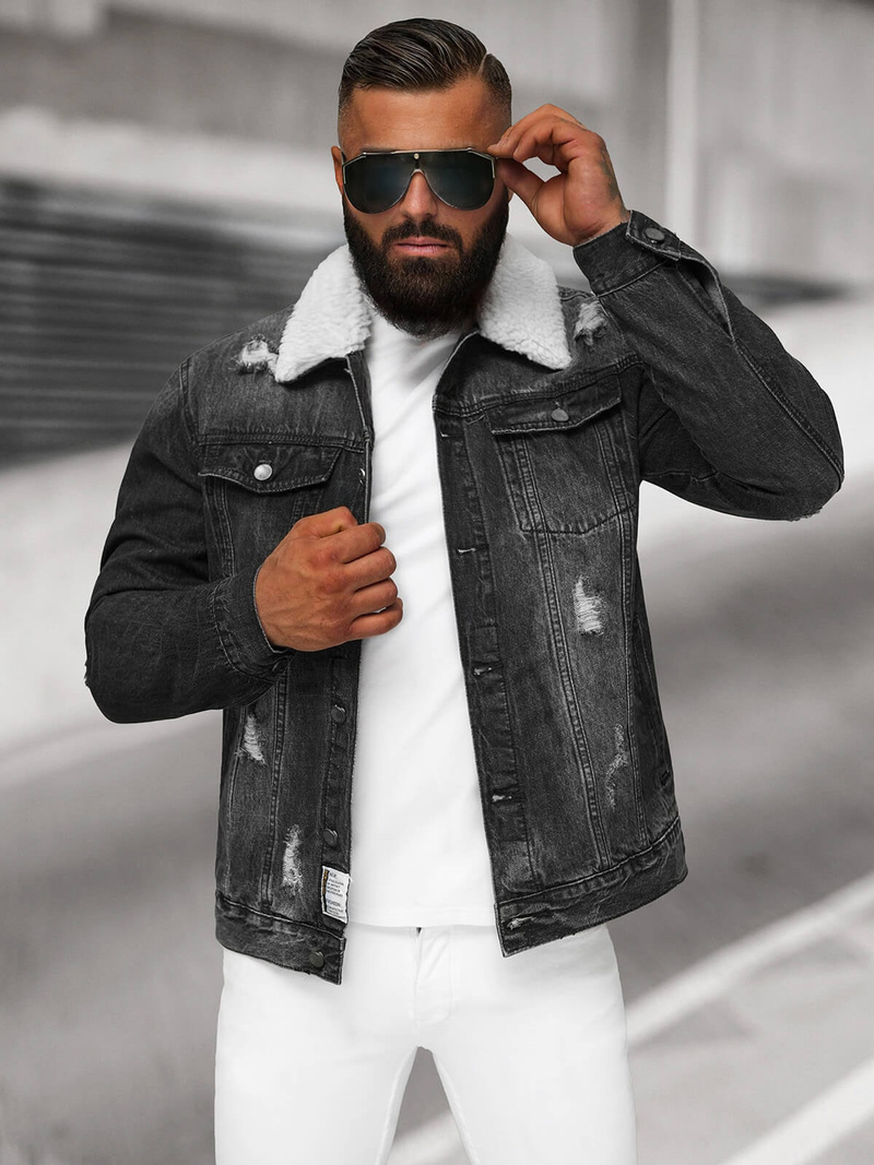 Kurtka męska jeansowa sherpa czarna OZONEE NB/MJ502NZ