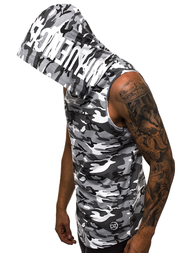 Koszulka bez rękawów z kapturem męska biało-szary-moro OZONEE O/2537 