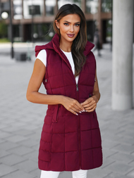 Kamizelka damska długa pikowana z kapturem bordowa OZONEE JS/16M9096/06