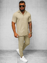 Koszula męska z krótkim rękawem beżowa OZONEE O/Y971T