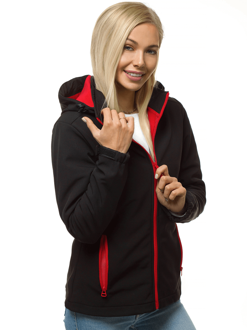 Kurtka softshell damska z kapturem czarno-czerwona OZONEE JS/HH018/1/5