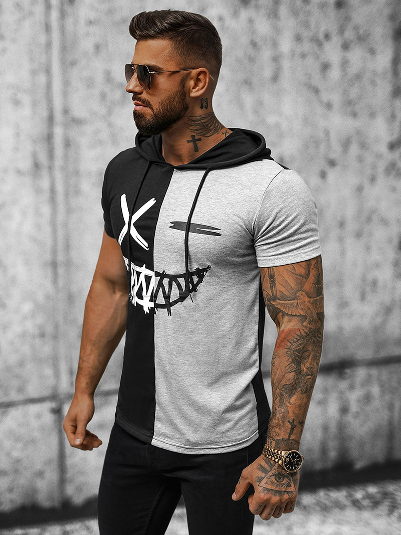 T-Shirt męski z kapturem czarno-szary OZONEE JS/8T981