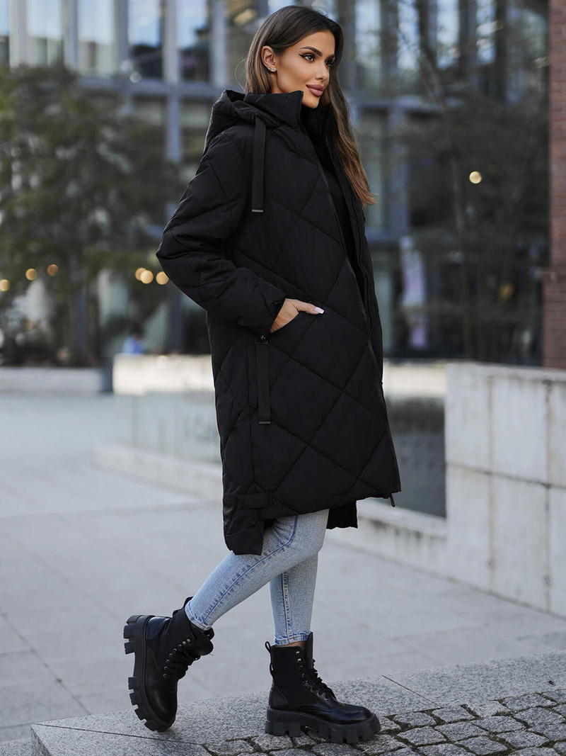 Kurtka zimowa damska długa pikowana czarna OZONEE JS/5M3168/392