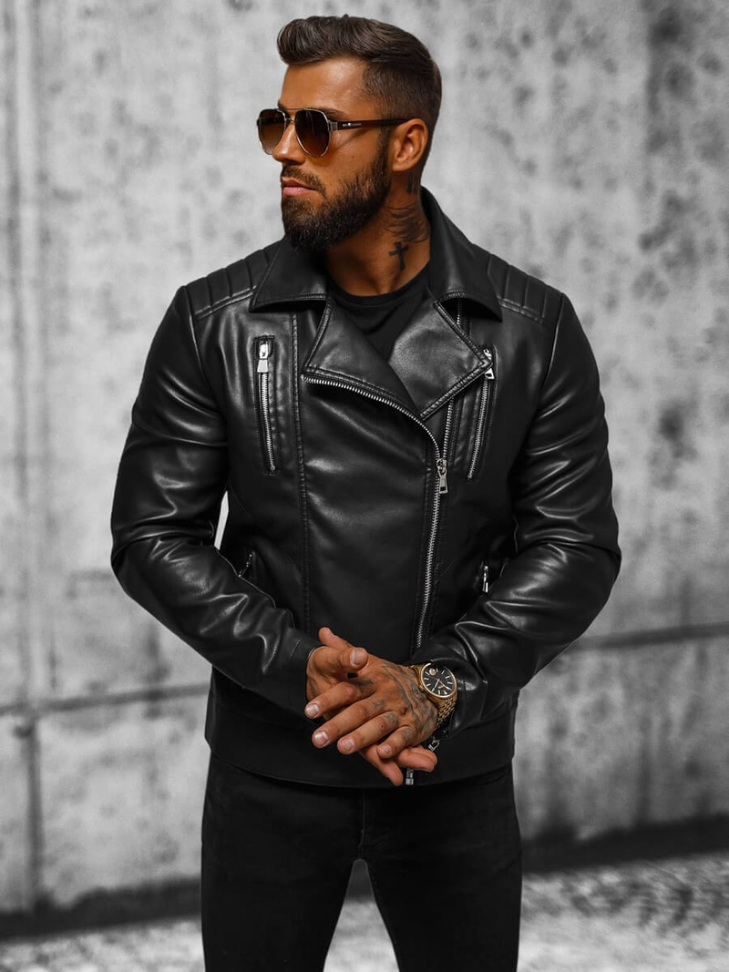 Чоловіча шкіряна куртка Чорна OZONEE JS/11Z8056