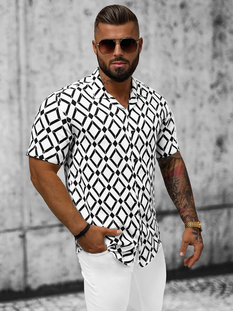 Сорочка чоловіча з коротким рукавом Бiло-Чорна OZONEE E/1400/139Z