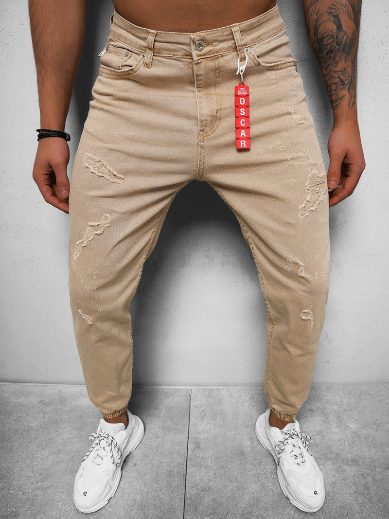 Spodnie jeansowe joggery męskie beżowe OZONEE DO/6058
