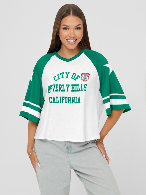 T-shirt damski oversize biało-zielony OZONEE JS/R62493