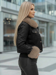 Kurtka skórzana damska z futerkiem czarno-beżowa OZONEE JS/61M8513/392B