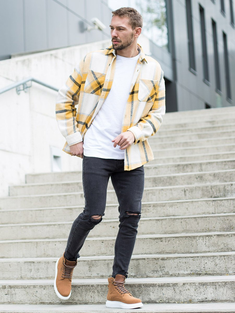 Koszula kurtka w kratę męska flanelowa żółta OZONEE O/DR2020